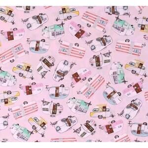 Cotton Fabric Campers Trailers Soft Pink Background Camping Fabric 5392 6 Yards